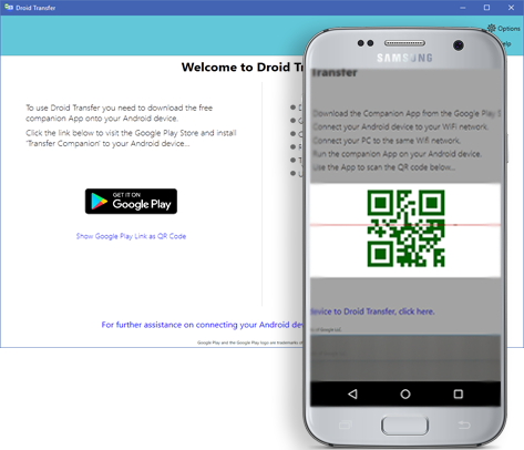Droid Transfer’s QR code to establish a wireless connection. 