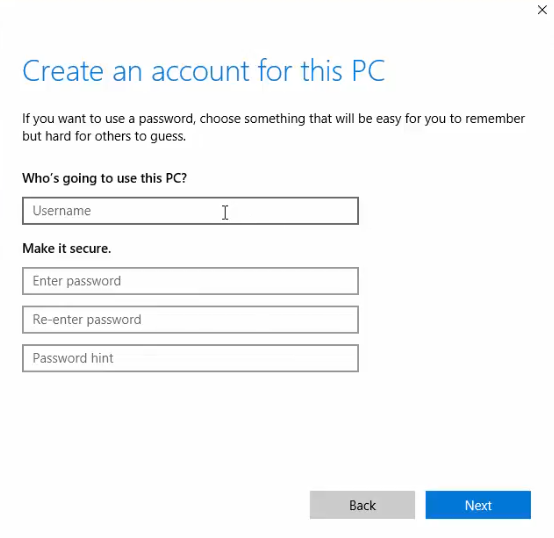 Windows 10 account password form