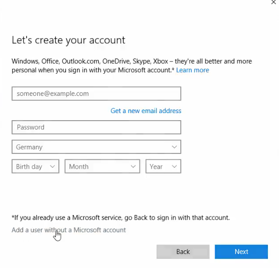 Windows 10 create account form