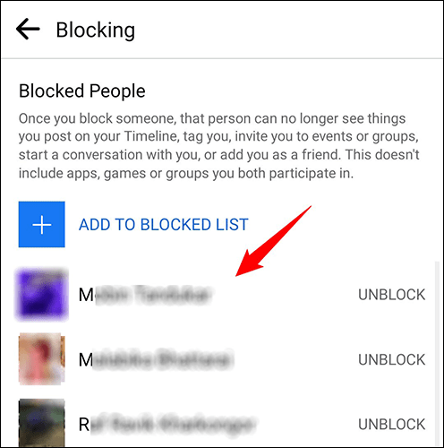 List of people blocked on Facebook from mobile devices.