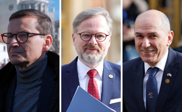 The leaders of Poland, the Czech Republic and Slovenia, Mateusz Morawiecki, Pietr Fiala and Janez Jansa, respectively, who traveled to Ukraine on Tuesday./