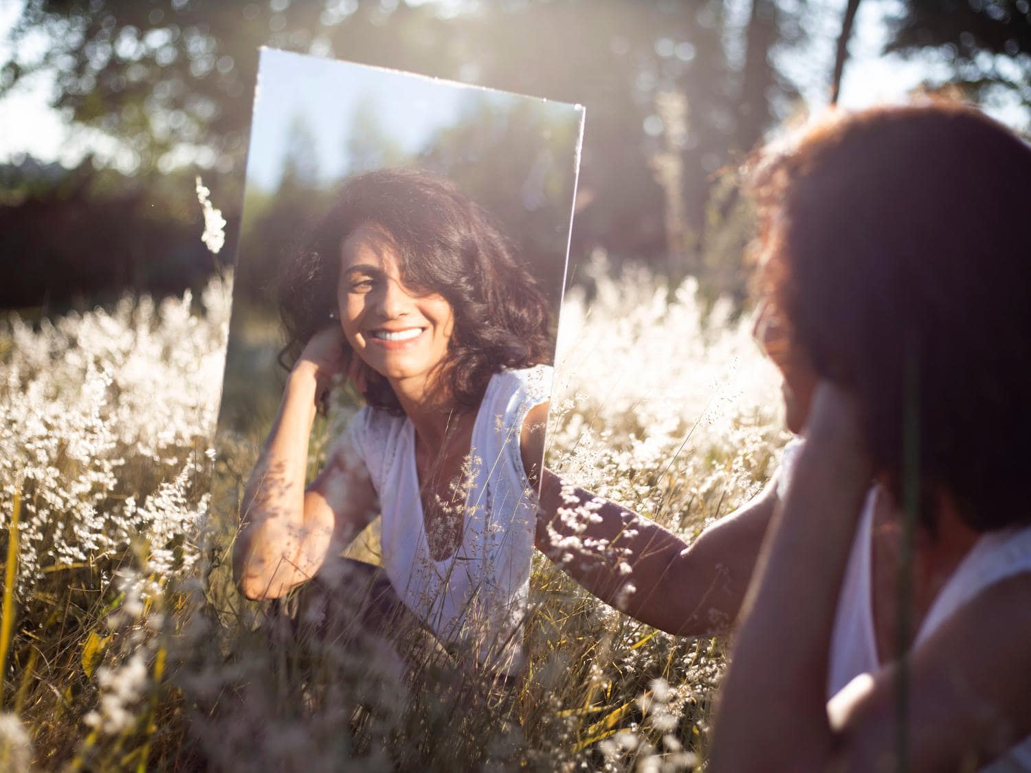 woman mirror pose field