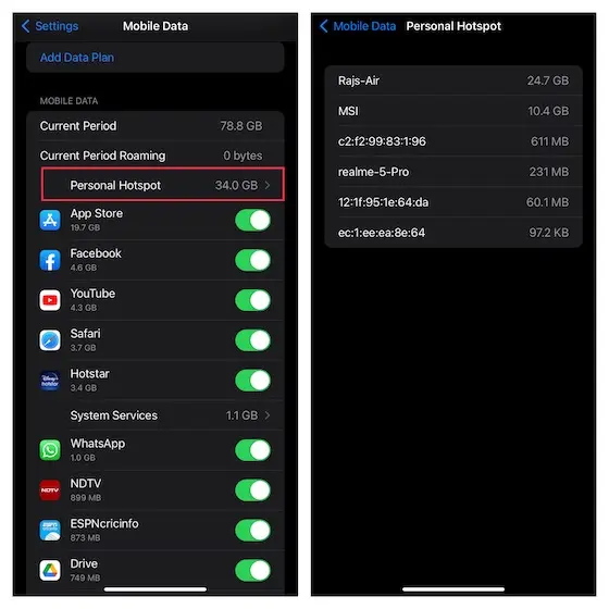 Verify data used in Personal Hotspot iPhone