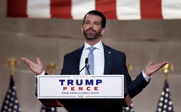 Donald Trump Jr. speaks during the first day of the Republican convention in Washington in 2020. / AFP