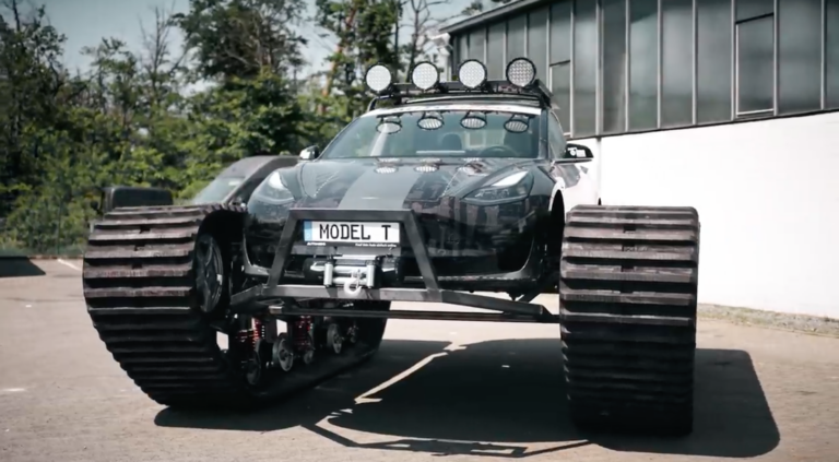 The Real Life Guys combine a Tesla Model 3 with tank tracks