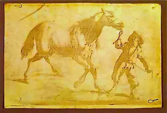 Reproduction of engraving, Pulling a horse. 